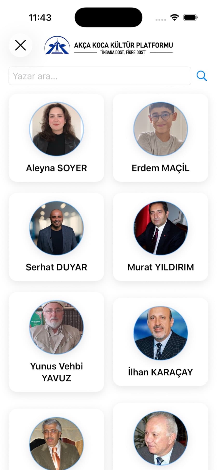 Yazar dizini ekranı